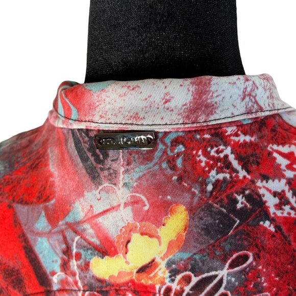 St. John Sport Marie Gray Button Up Abstract Colorful Print Moto Jacket XS - Picture 6 of 9